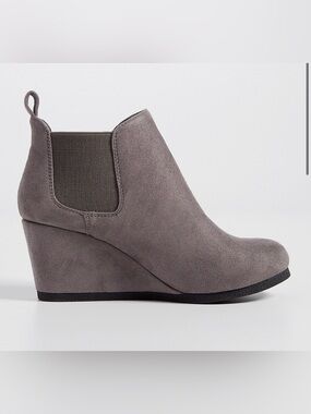 Maurices faux suede wedge booties with a slip-on design